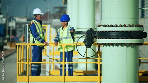 Industrial engineer and worker discussing in factory photo