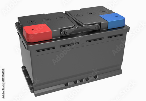 3D black truck battery with black handles on white with blue and red terminal covers