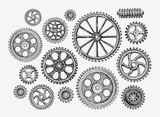 Hand-drawn vintage gears, cogwheel. Sketch mechanism, industry. Vector illustration