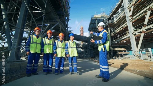 Industrial engineer and workers discussing in factory photo