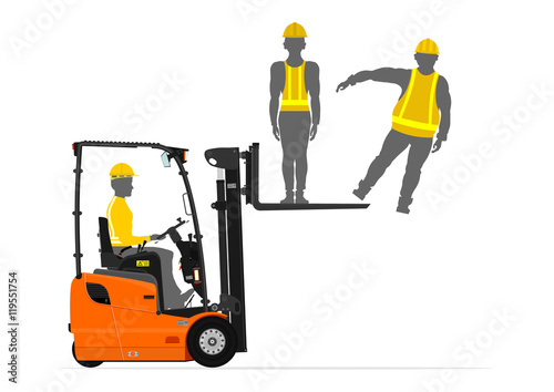 Counterbalance forklift truck lifting people on its fork. Flat vector