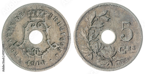 5 centimes 1906 coin isolated on white background, Belgium