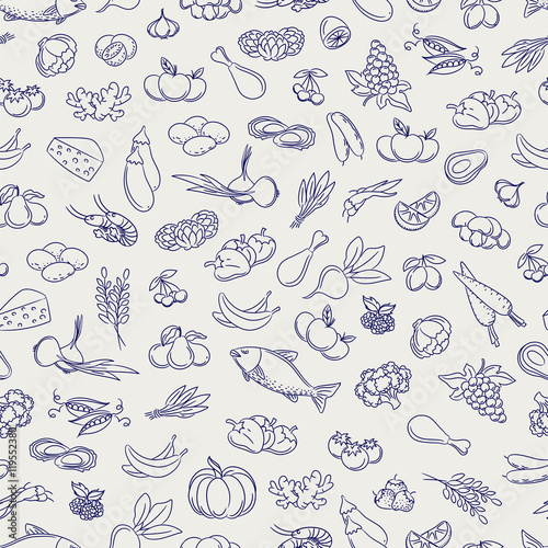 Food seamless pattern. Hand drawn vegetable fruits berries and grocery food background. Vector illustration