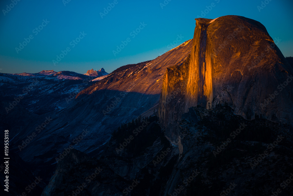 National Park Yosemite Half Dome lit by Sunset Light Glacier Poi