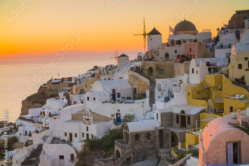 the beautiful sunset in Santorini Greece, sea, sunset, white Greek houses in the evening