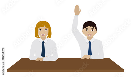 School boy and gril at a desk in classroom vector