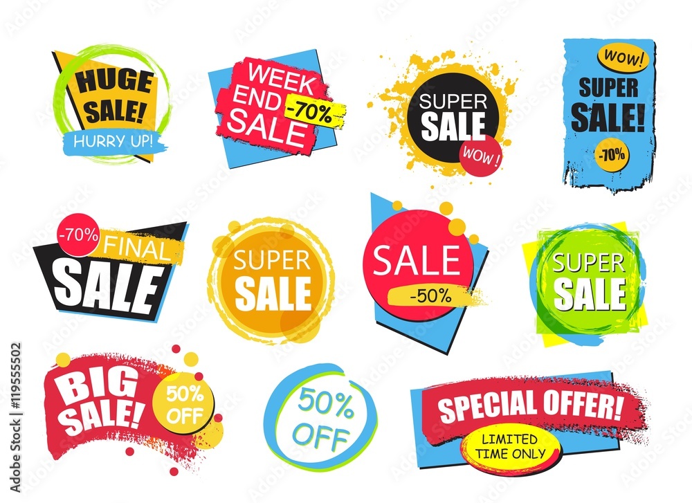 Set of flat modern and hand drawn design sale stickers. Collection of colorful vector illustrations for online shopping, product promotions, website badges, ads, flyers.