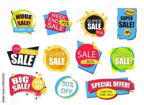 Set of flat modern and hand drawn design sale stickers. Collection of colorful vector illustrations for online shopping, product promotions, website badges, ads, flyers.