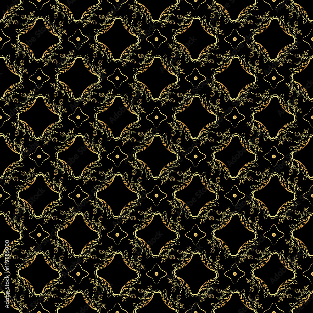 Fototapeta premium Seamless pattern with luxury damask ornament on the black background. Raster illustration