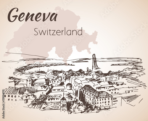 Hand drawn cityscape Geneva, Switzerland.