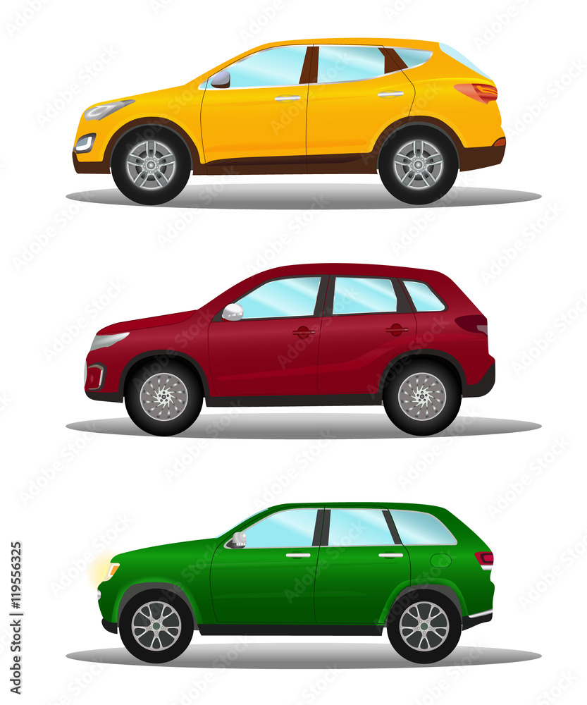 Set of different off-road vehicles in three colors