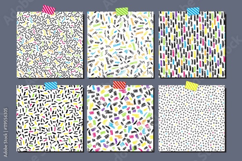 Set of hand drawn doodle seamless patterns, backgrounds, backdrop. Cool colorful creative abstract endless textures.