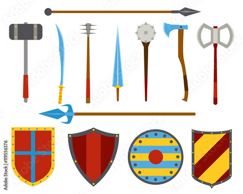Ancient weapon and shields tool equipment set.
