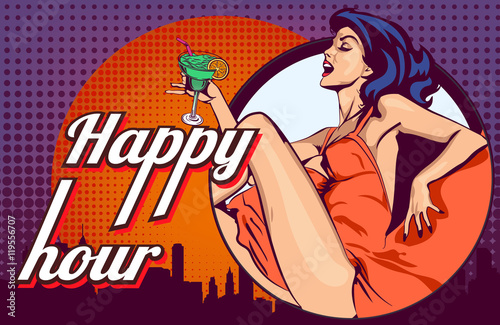 Vector design template with woman who drinks cocktail on the night city scape window view background