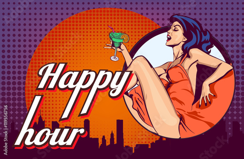 Vector design template with woman who drinks cocktail on the night city scape window view background