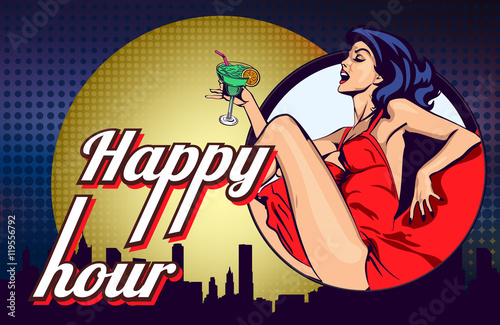 Vector design template with woman who drinks cocktail on the night city scape window view background