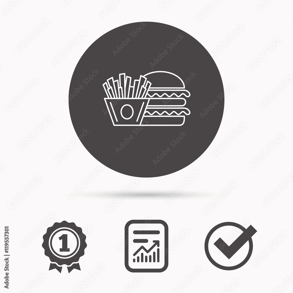 Burger and fries icon. Chips, sandwich sign. Burger and fries icon. Chips, sandwich sign.