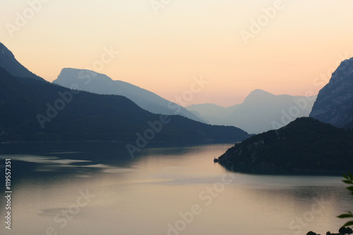 Sunset at lake in Italian Alps