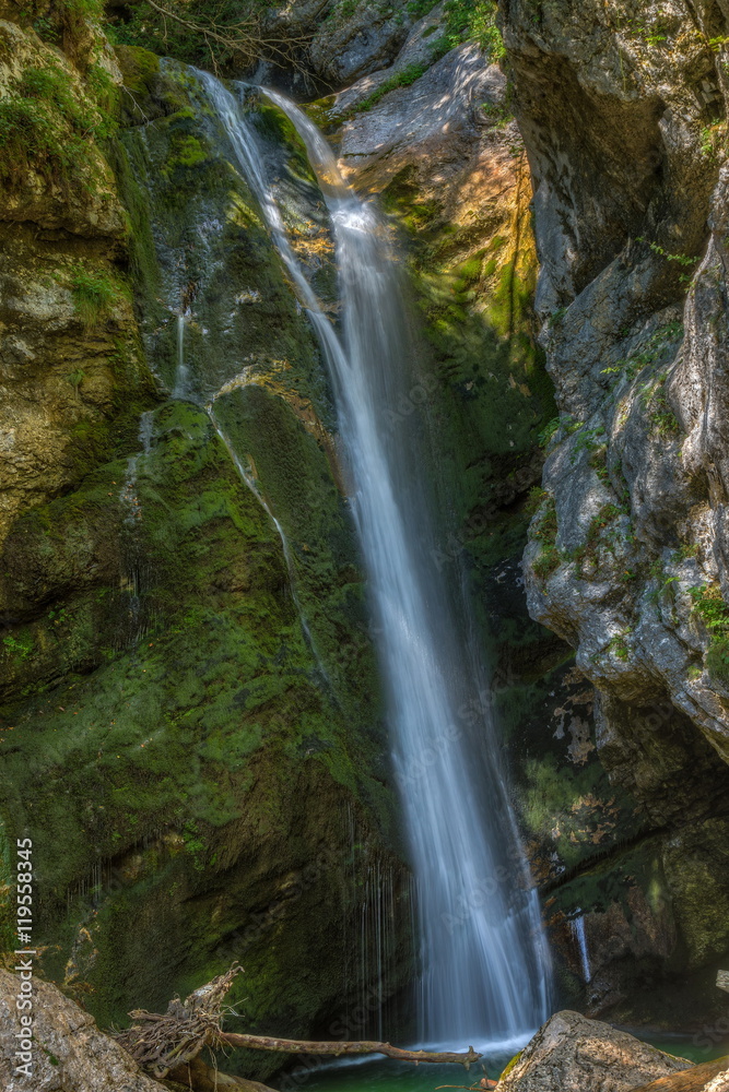 Obraz premium The canyon Mostnica (Korita Mostnice) with crystal clear water and Mostnica waterfall in Triglav national park, Slovenia
