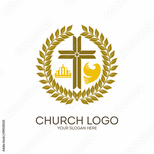 Church logo. Christian symbols. Wreath, Jesus cross, crown and dove.