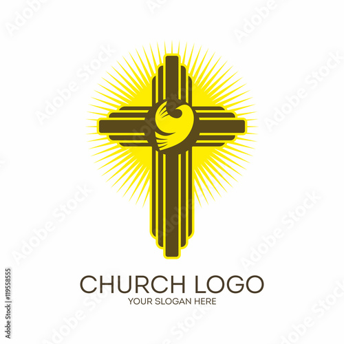 Church logo. Christian symbols. Cross and Holy Spirit, Dove.