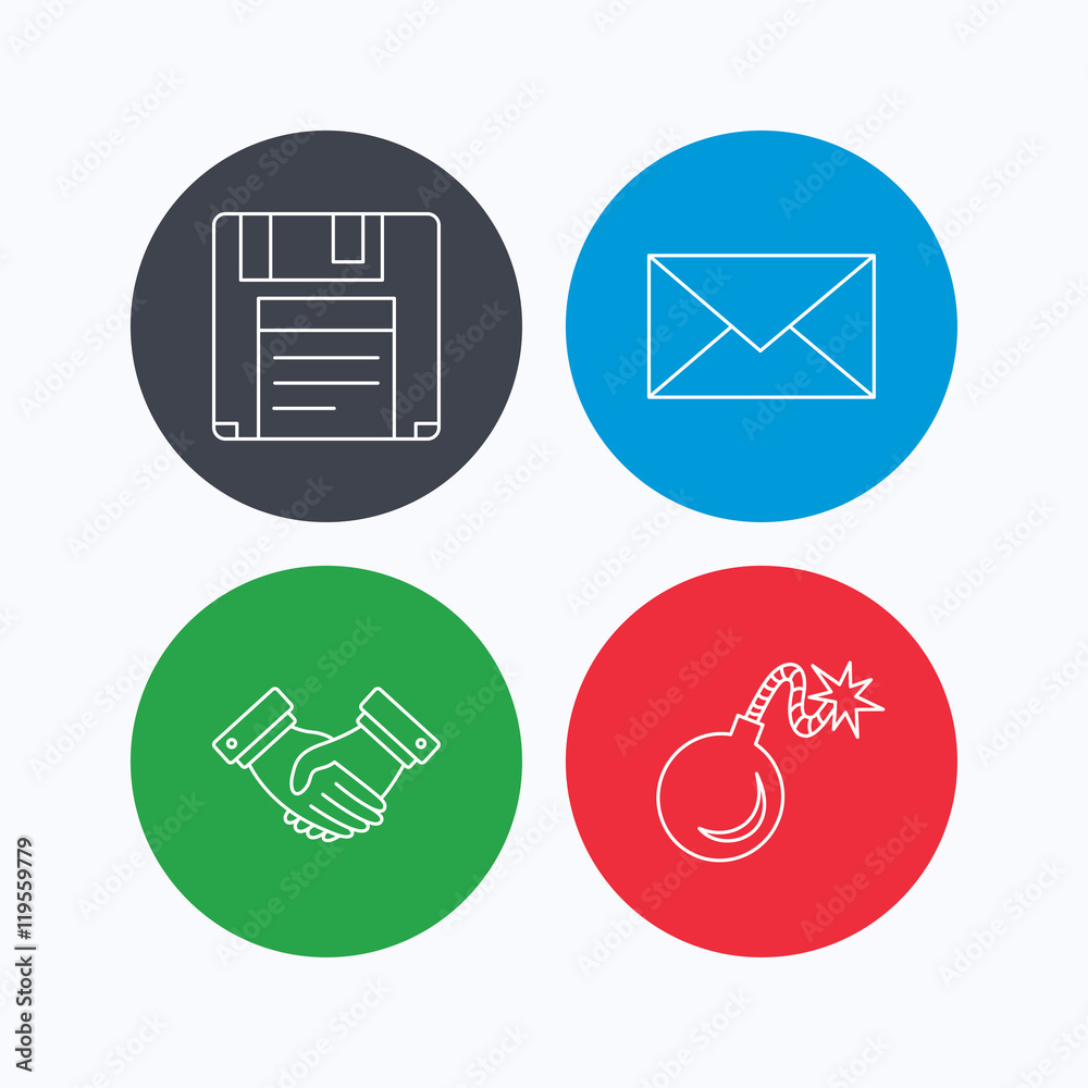 Mail, bomb and handshake icons. Mail, bomb and handshake icons.