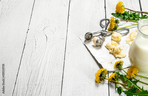 Dairy products with dandelion flowers