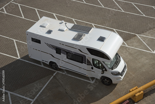 Overview of a black and white motorhome