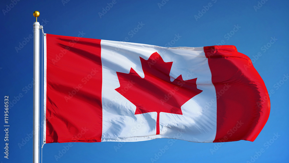 Canada flag waving against clean blue sky, close up, isolated with clipping mask alpha channel transparency, perfect for film, news, digital composition Canada flag waving against clean blue sky, close up, isolated with clipping mask alpha channel transparency, perfect for film, news, digital composition