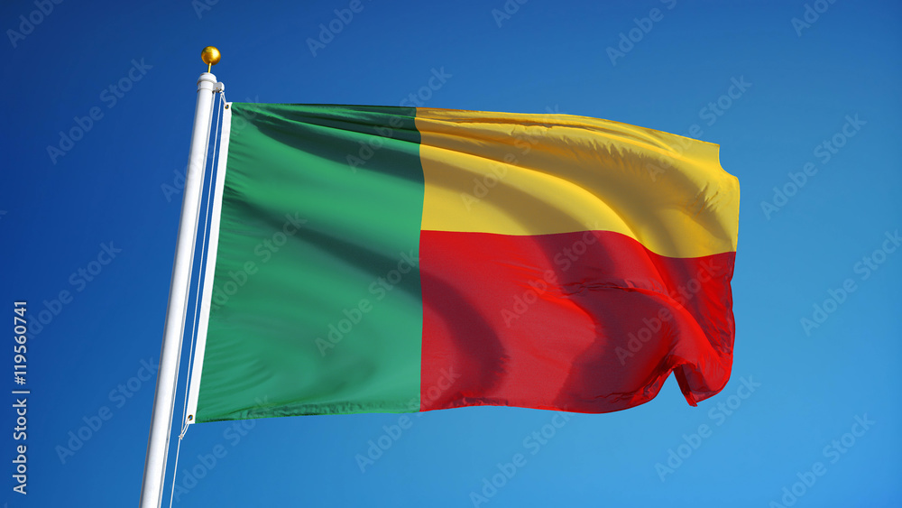 Benin flag waving against clean blue sky, close up, isolated with clipping mask alpha channel transparency, perfect for film, news, digital composition Benin flag waving against clean blue sky, close up, isolated with clipping mask alpha channel transparency, perfect for film, news, digital composition