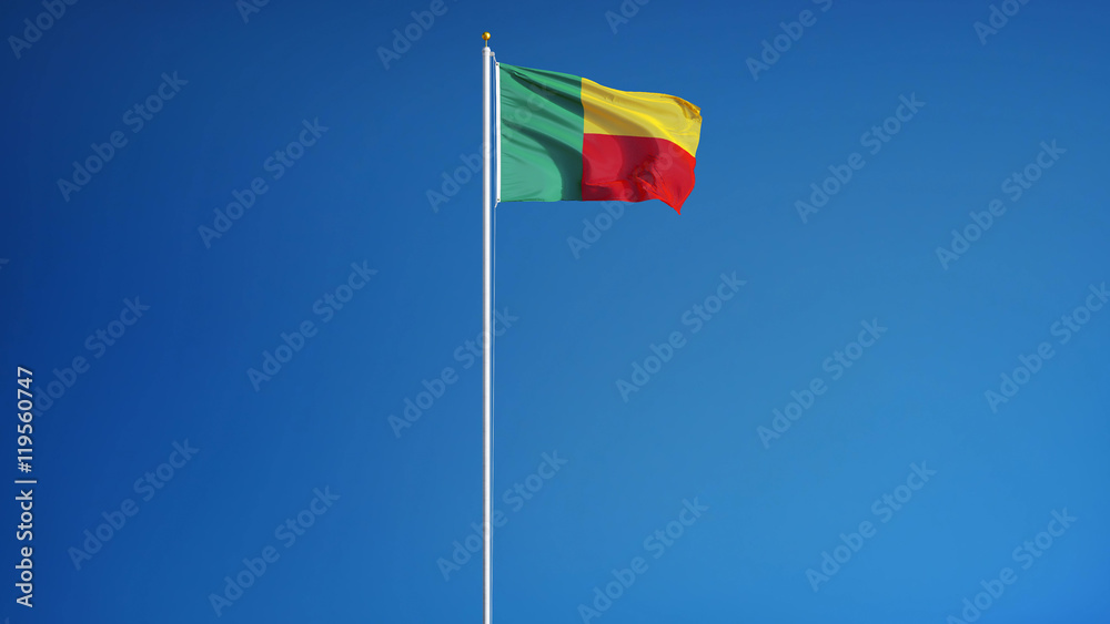 Benin flag waving against clean blue sky, long shot, isolated with clipping mask alpha channel transparency, perfect for film, news, digital composition Benin flag waving against clean blue sky, long shot, isolated with clipping mask alpha channel transparency, perfect for film, news, digital composition