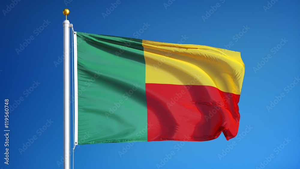 Benin flag waving against clean blue sky, close up, isolated with clipping mask alpha channel transparency, perfect for film, news, digital composition Benin flag waving against clean blue sky, close up, isolated with clipping mask alpha channel transparency, perfect for film, news, digital composition