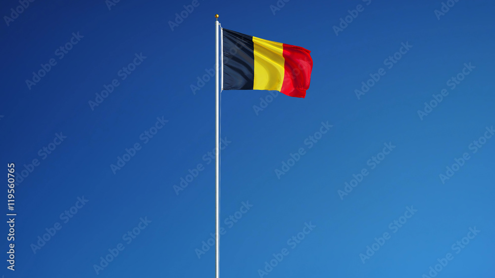 Belgium flag waving against clean blue sky, long shot, isolated with clipping mask alpha channel transparency, perfect for film, news, digital composition Belgium flag waving against clean blue sky, long shot, isolated with clipping mask alpha channel transparency, perfect for film, news, digital composition