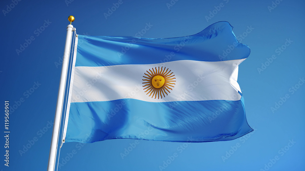 Argentina flag waving against clean blue sky, close up, isolated with ...