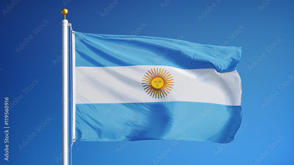 Obraz premium Argentina flag waving against clean blue sky, close up, isolated with clipping mask alpha channel transparency, perfect for film, news, digital composition