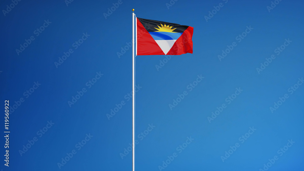 Antigua and Barbuda flag waving against clean blue sky, long shot, isolated with clipping mask alpha channel transparency, perfect for film, news, digital composition Antigua and Barbuda flag waving against clean blue sky, long shot, isolated with clipping mask alpha channel transparency, perfect for film, news, digital composition