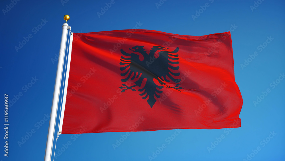 Albania flag waving against clean blue sky, close up, isolated with clipping mask alpha channel transparency, perfect for film, news, digital composition Albania flag waving against clean blue sky, close up, isolated with clipping mask alpha channel transparency, perfect for film, news, digital composition