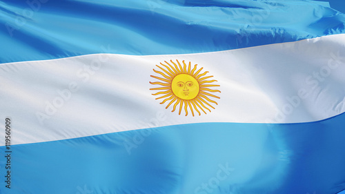 Argentina flag waving against clean blue sky, close up, isolated with clipping mask alpha channel transparency, perfect for film, news, digital composition