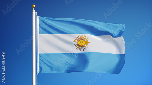 Argentina flag waving against clean blue sky, close up, isolated with clipping mask alpha channel transparency, perfect for film, news, digital composition