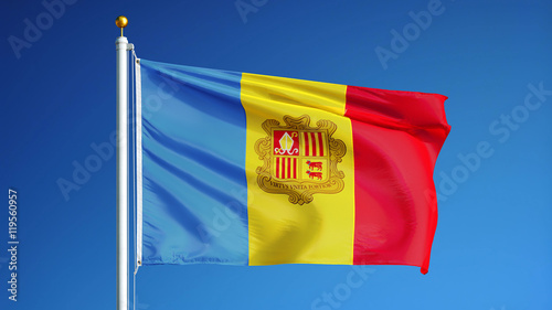 Andorra flag waving against clean blue sky, close up, isolated with clipping mask alpha channel transparency, perfect for film, news, digital composition