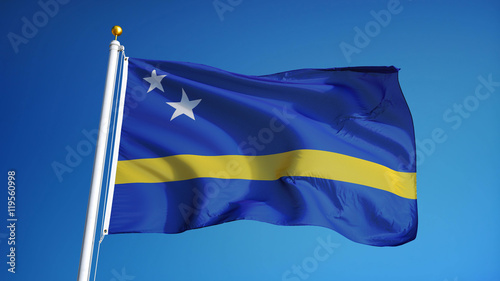 Curacao flag waving against clean blue sky, close up, isolated with clipping mask alpha channel transparency, perfect for film, news, digital composition