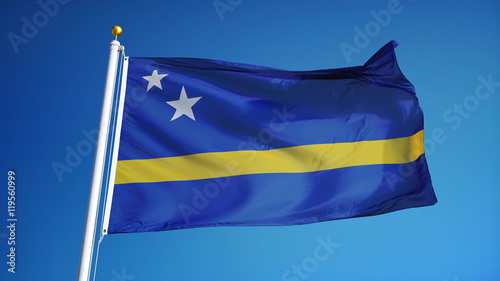 Curacao flag waving against clean blue sky  close up  isolated with clipping mask alpha channel transparency  perfect for film  news  digital composition