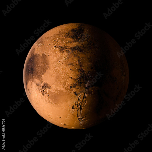 Fototapeta Naklejka Na Ścianę i Meble -  Mars Solar system planet on black background 3d rendering. Elements of this image furnished by NASA