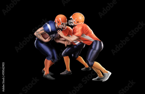 Strong american football players in action with ball isolated