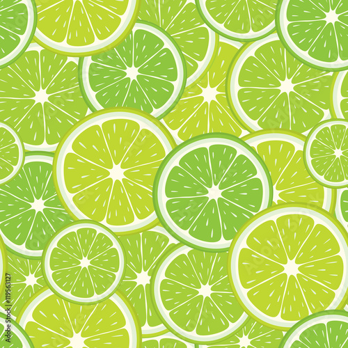 Vector seamless pattern of green lime slices. Citrus fruit illustration for design.