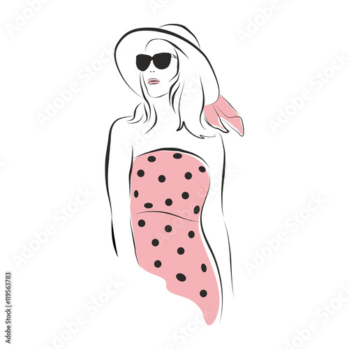 Model in pink dotted dress wearing hat and cat eye black glasses. Beautiful elegant glamour women going on vacation trip. Stylish sketch of a sexy girl. Business lady goes shopping. Summer look vector