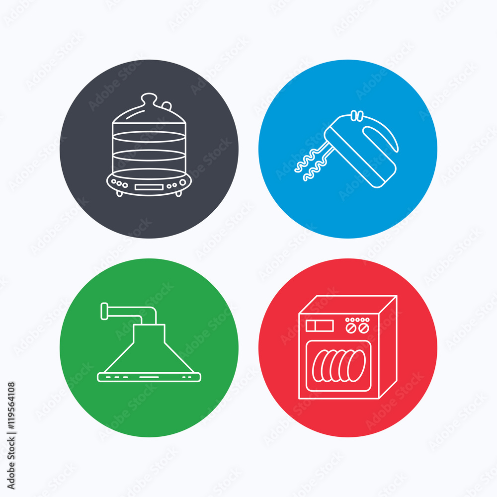 Dishwasher, kitchen hood and mixer icons. Dishwasher, kitchen hood and mixer icons.