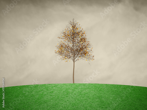 Beautiful single branched autumn birch tree with yellow and orange colored leaves. Tree render filter used.