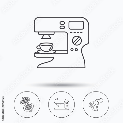Coffee maker, sewing machine and hairdryer icons.