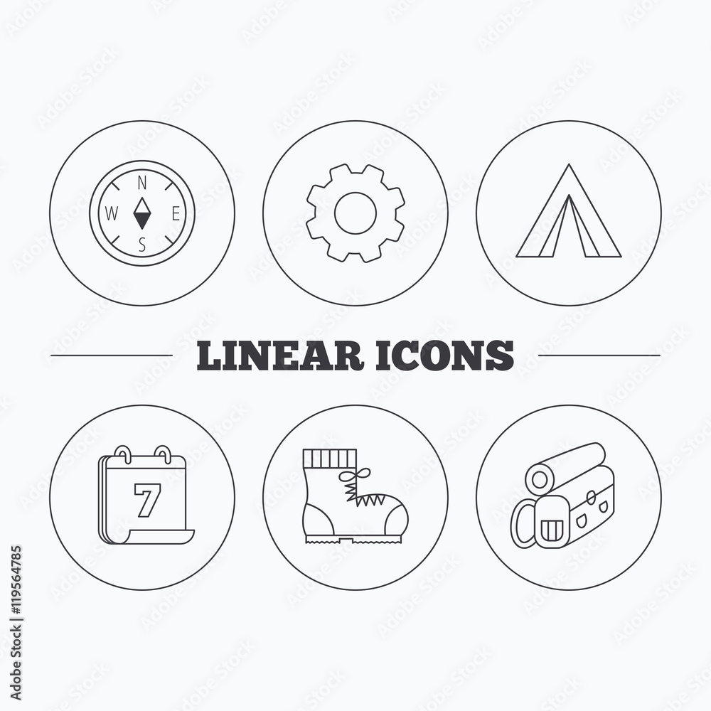 Backpack, camping tent and compass icons.